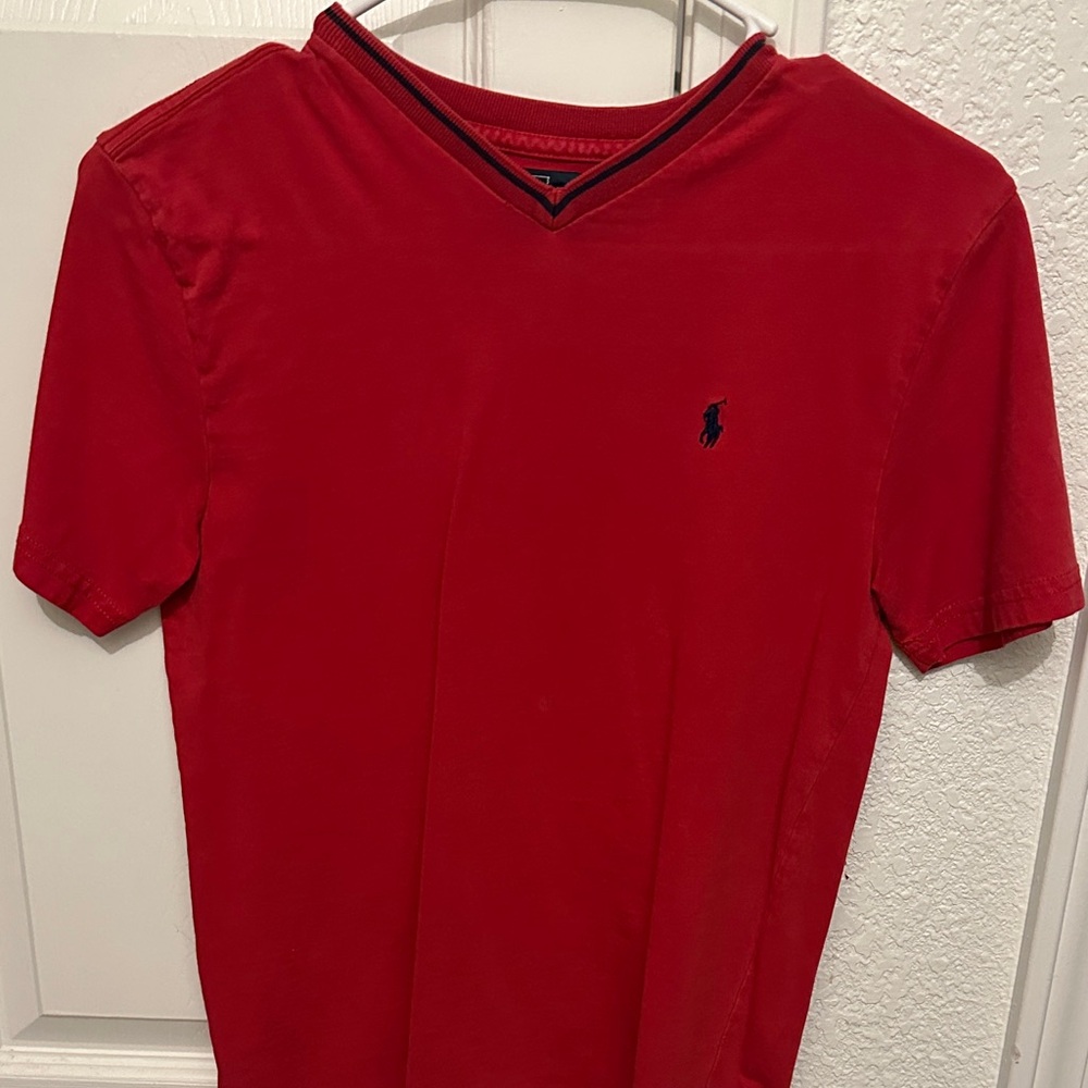 Polo by Ralph Lauren Red V-Neck Polo Shirt with Navy Logo